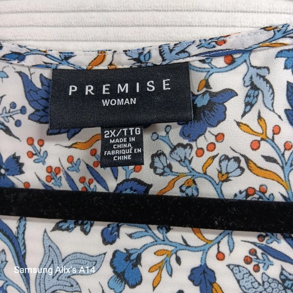 Premise Women blouse Sz 2X Floral Print Short sleeve Circular Cup White Blue - Picture 3 of 8